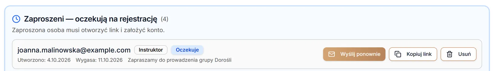 Nowe zaproszenie w karcie „Zaproszeni”