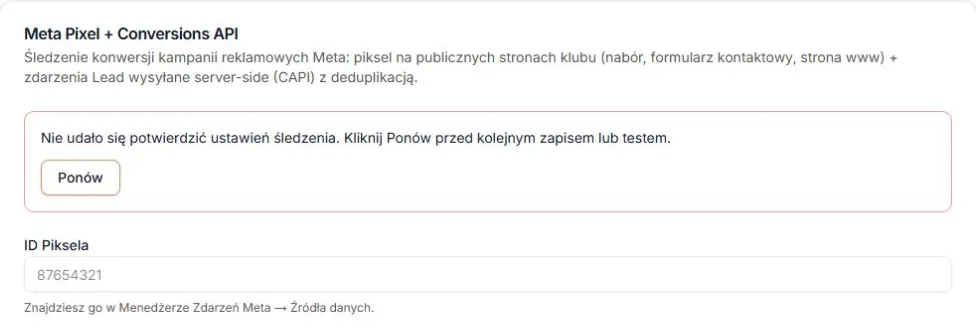 Meta Pixel i CAPI — niepotwierdzony wynik zapisu, blokada pól i ponowny odczyt; fikcyjny zapis z utraconą odpowiedzią