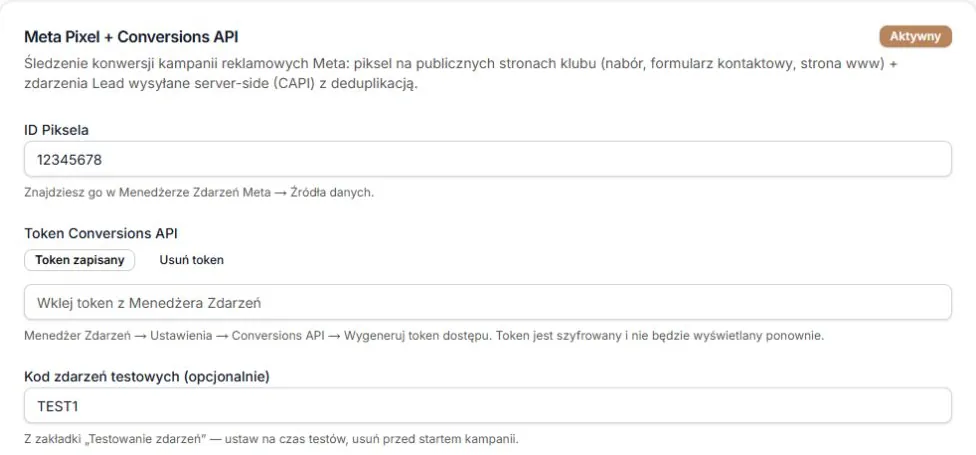 Meta Pixel i CAPI — ID, zaszyfrowany zapis tokenu i kod testowy; rzeczywista karta z fikcyjnymi danymi