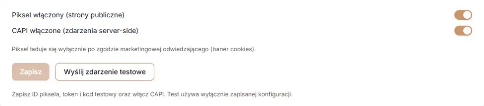 Meta Pixel i CAPI — przełączniki, zapis oraz osobny test; rzeczywista karta z fikcyjną konfiguracją