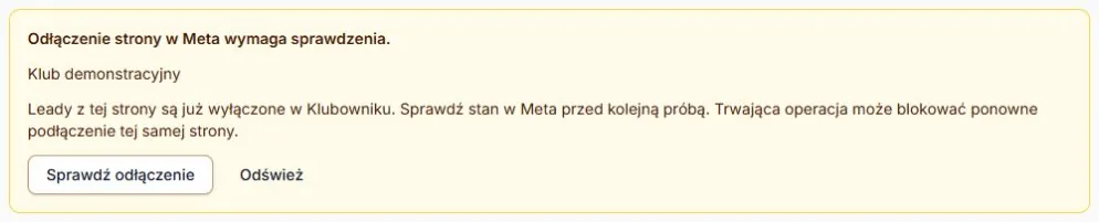 Facebook Leads — strona wyłączona lokalnie, sprawdzanie odłączenia w Meta i odświeżenie; rzeczywisty komponent z fikcyjnymi danymi