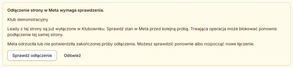 Facebook Leads — zakończona próba wymagająca sprawdzenia lub nowego łączenia; rzeczywisty komponent z fikcyjnymi danymi