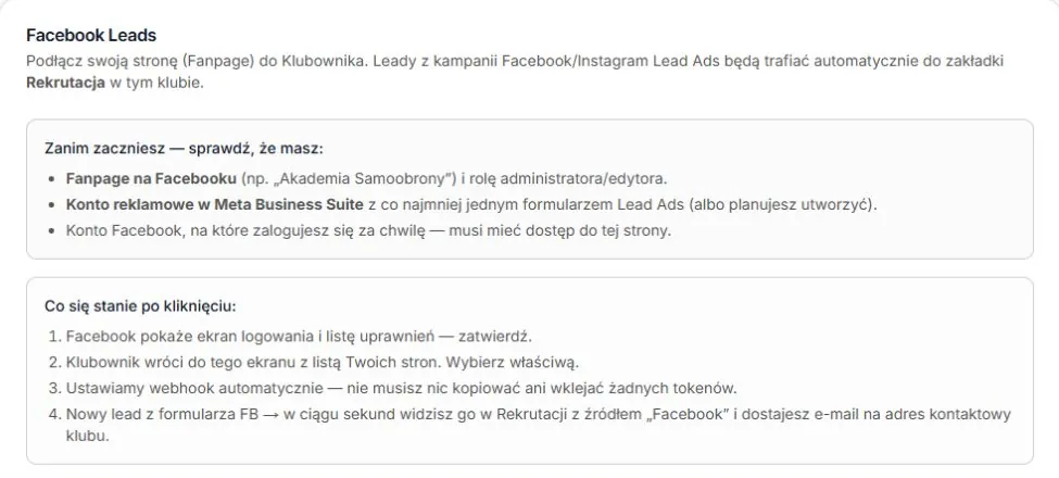 Facebook Leads — wymagane dostępy i przebieg połączenia; rzeczywisty komponent przed połączeniem