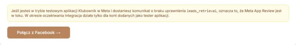 Facebook Leads — komunikat trybu testowego i przycisk rozpoczęcia połączenia; bez uruchamiania logowania Meta