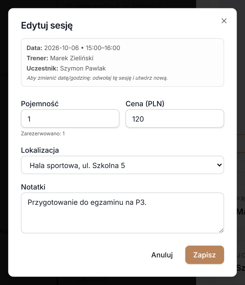 Okno Edytuj sesję