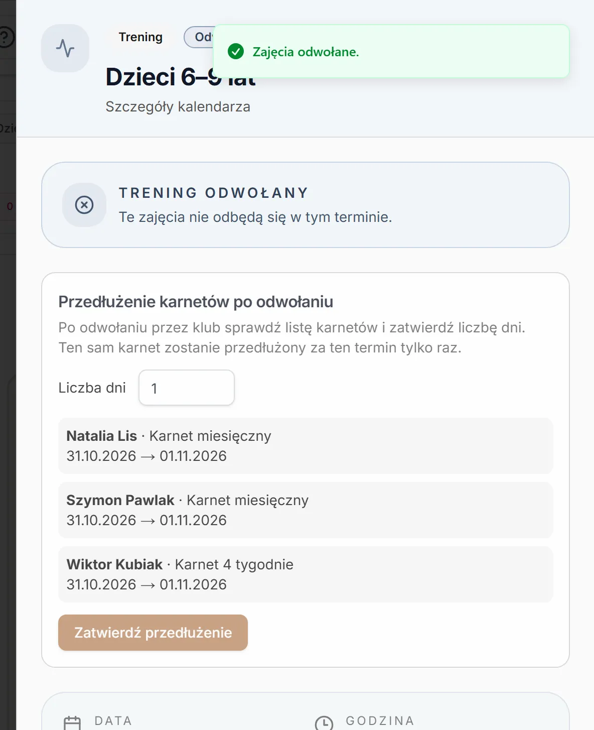 Odwołany trening z kartą przedłużenia karnetów