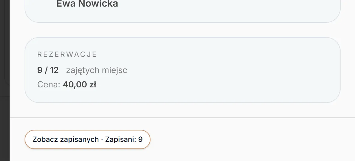 Dół panelu odwołanych zajęć z zapisami