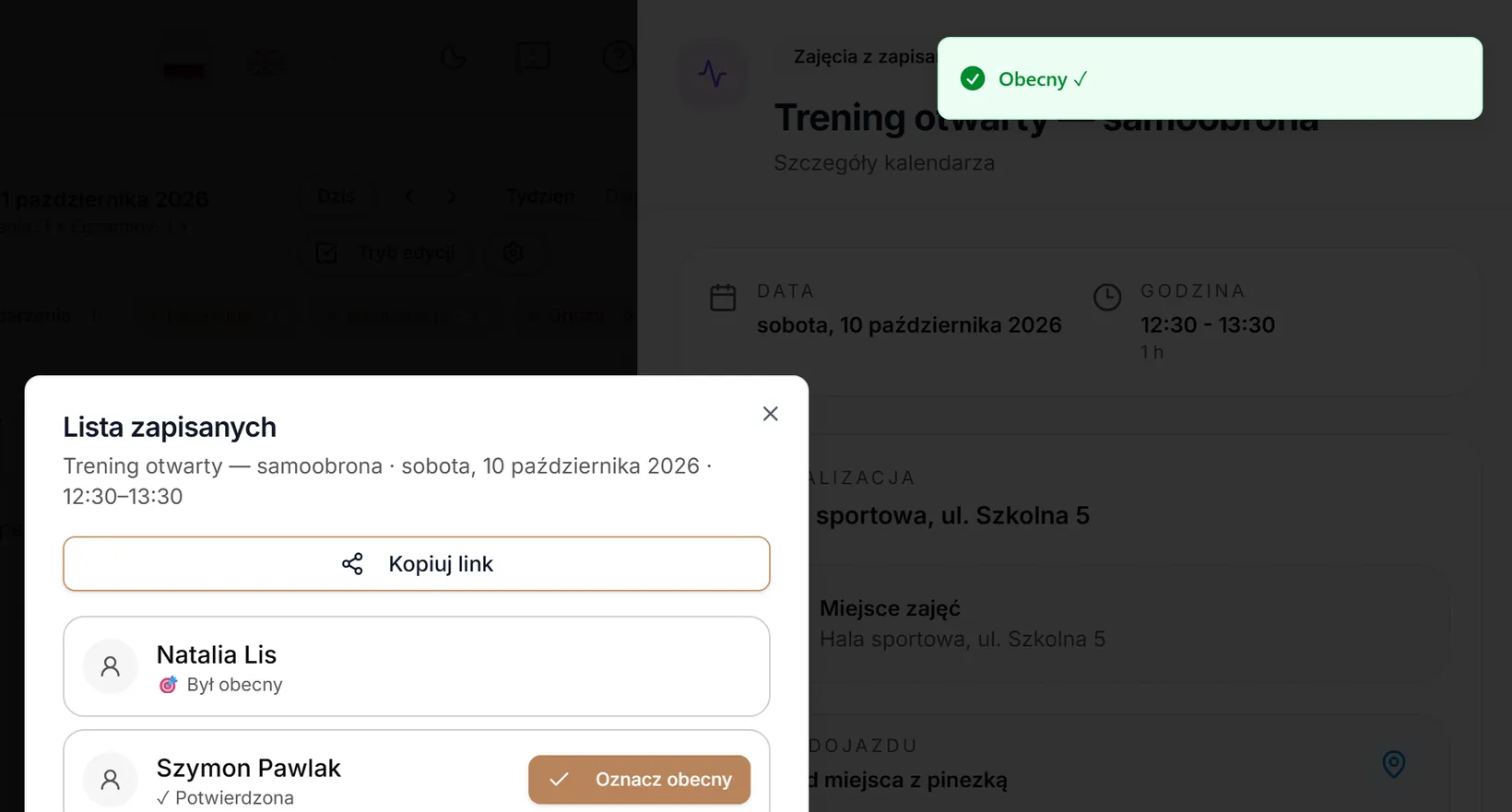 Obecność oznaczona na liście zapisanych