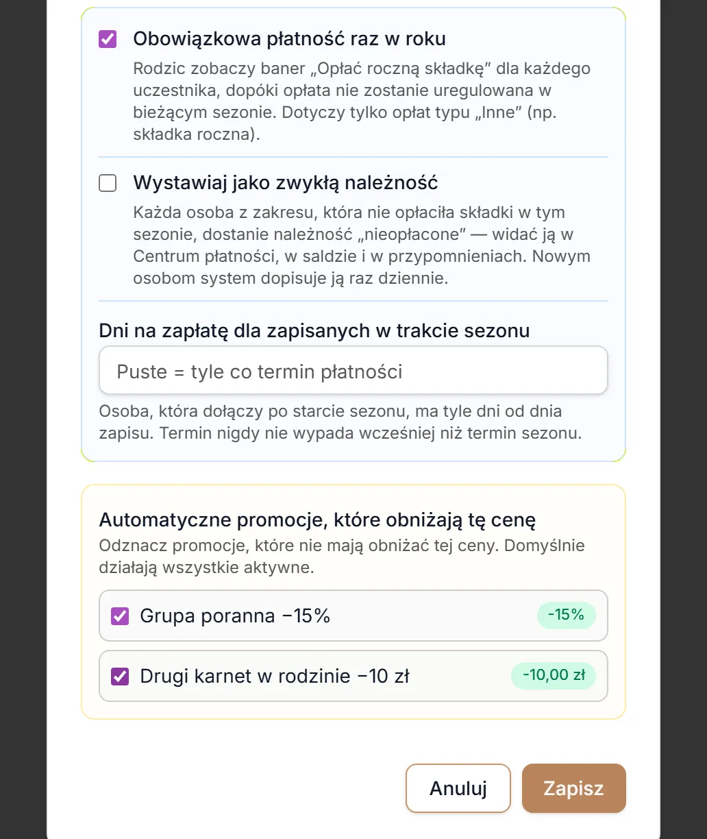 Edycja opłaty — składka obowiązkowa zaznaczona