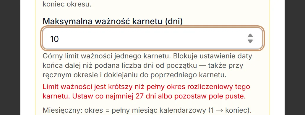 Komunikat o zbyt krótkiej ważności