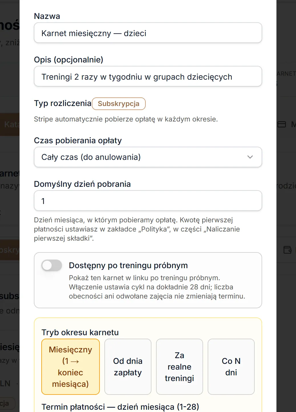 Nowy karnet subskrypcyjny — pola wspólne