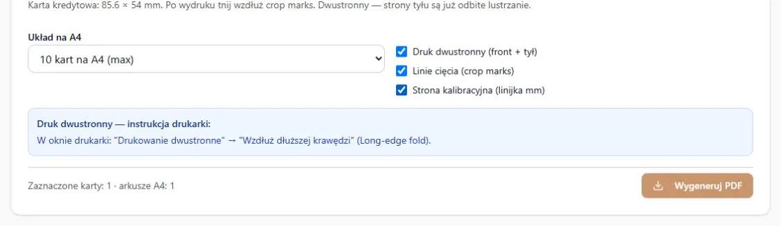 Opcje wydruku z włączoną stroną kalibracyjną