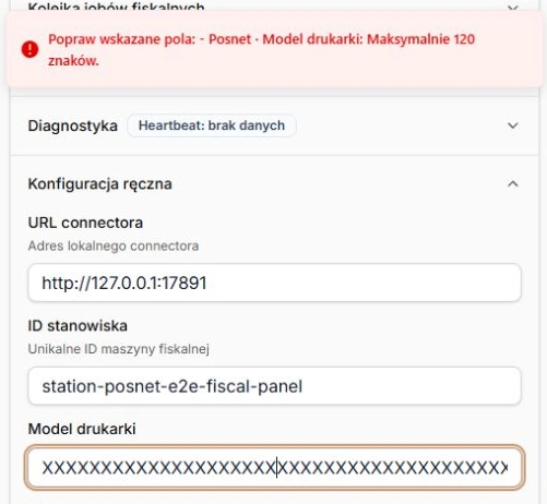 Za długi model drukarki — wskazane pole i limit 120 znaków