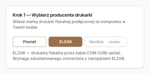 Krok 1 — dostępni producenci, wybrany ELZAB i niedostępny Novitus