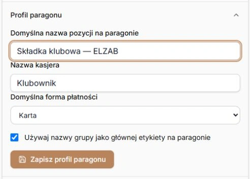 ELZAB — pola profilu paragonu i przycisk zapisu