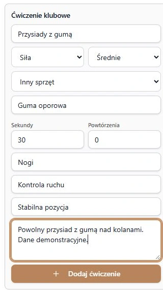 Fikcyjne ćwiczenie z własnym sprzętem, czasem i opisem przed dodaniem do klubu
