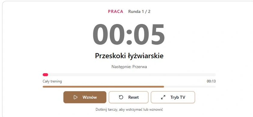 Pauza w drugim bloku: praca, następna przerwa i 13 sekund do końca całego planu