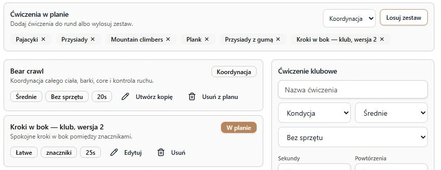 Filtr Koordynacja, wybrane ćwiczenia oraz oddzielne działania dla pozycji wbudowanej i klubowej