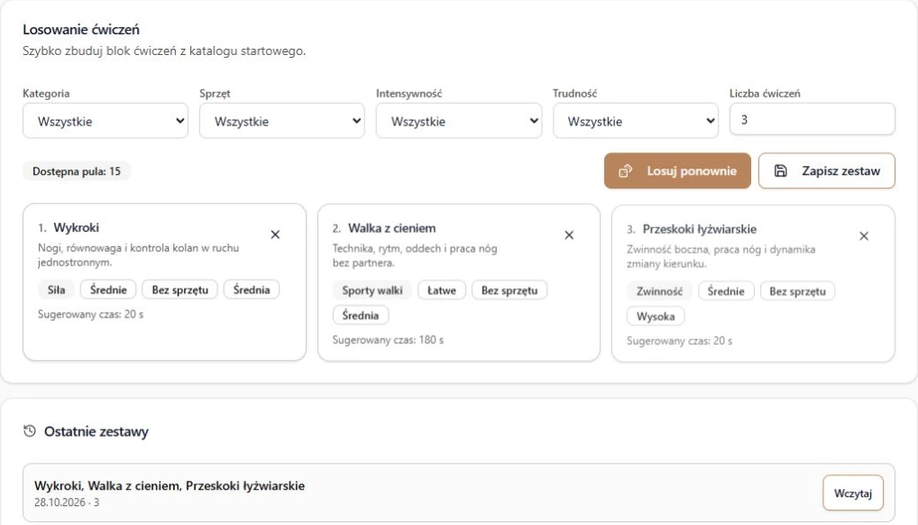 Losowanie ćwiczeń: filtry, trzy wylosowane karty, zapis i wczytanie zestawu