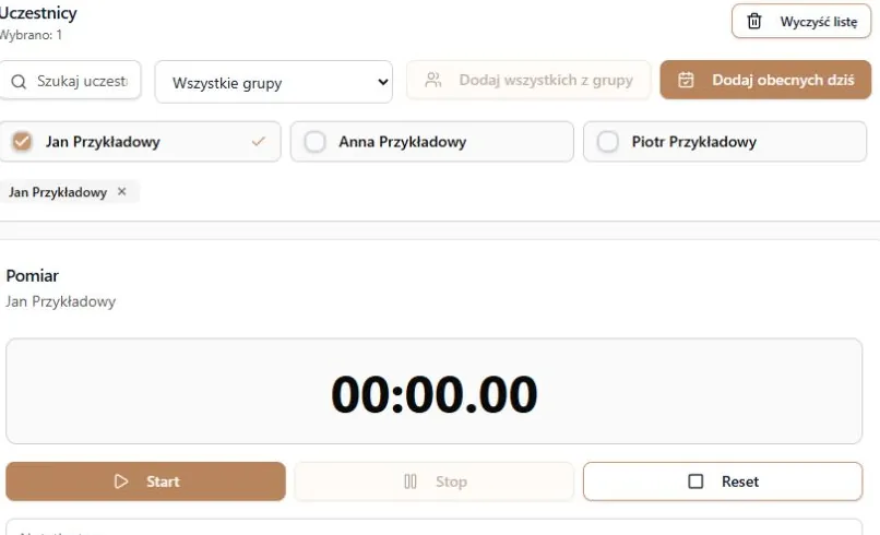 Stoper: wybór uczestników i przyciski pomiaru