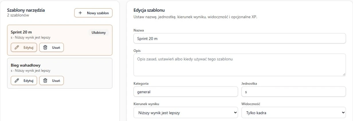 Lista i edycja szablonów Stopera — dane przykładowego klubu