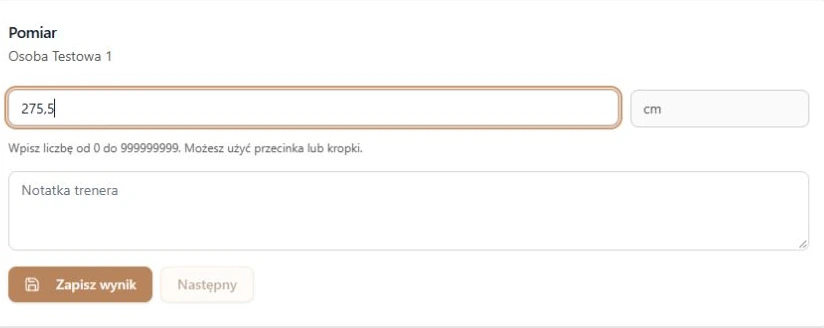 Wpis ręczny wyniku: wartość, jednostka szablonu i zapis dla uczestnika