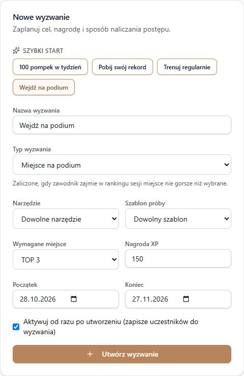 Gotowa propozycja podium z wymaganym miejscem TOP 3 — rzeczywisty formularz