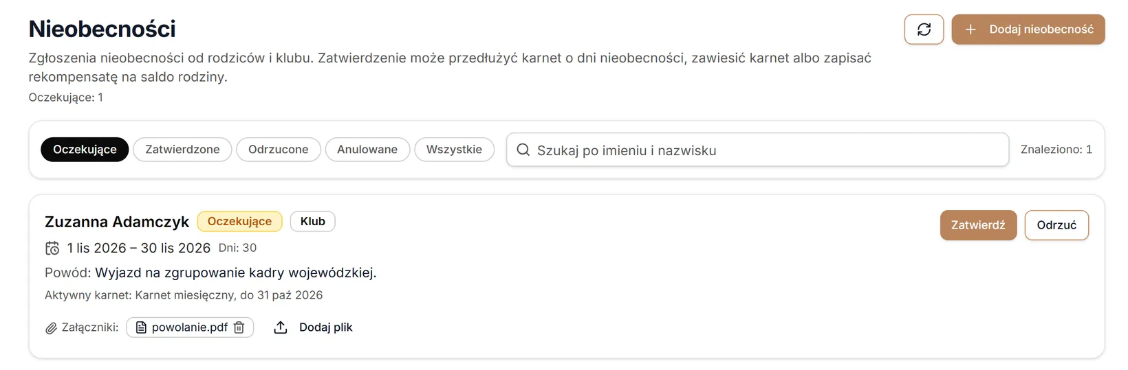 Zgłoszenie dodane przez klub