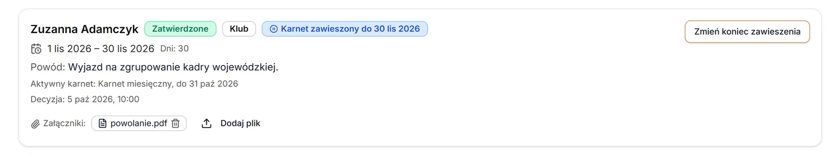 Karta po zatwierdzeniu z zawieszeniem