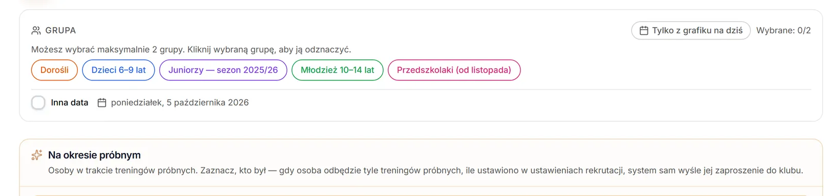 Ekran klubu bez zajęć z zapisami