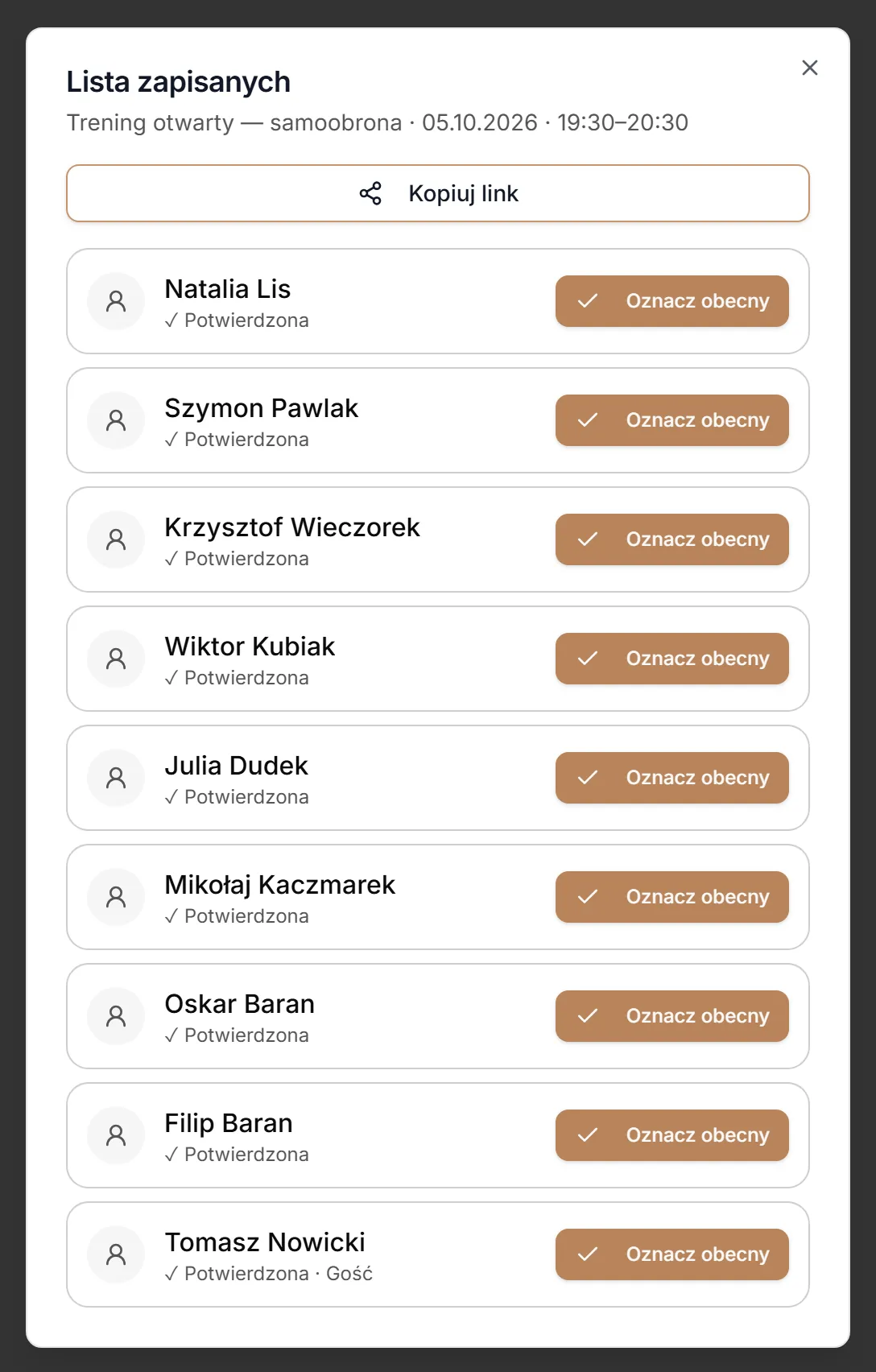 Lista zapisanych na zajęcia otwarte