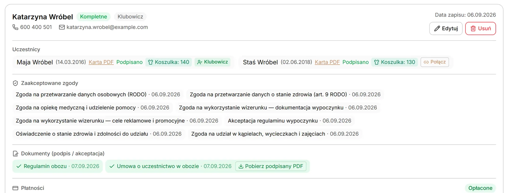 Karta rezerwacji — opiekun, dzieci, zgody i dokumenty