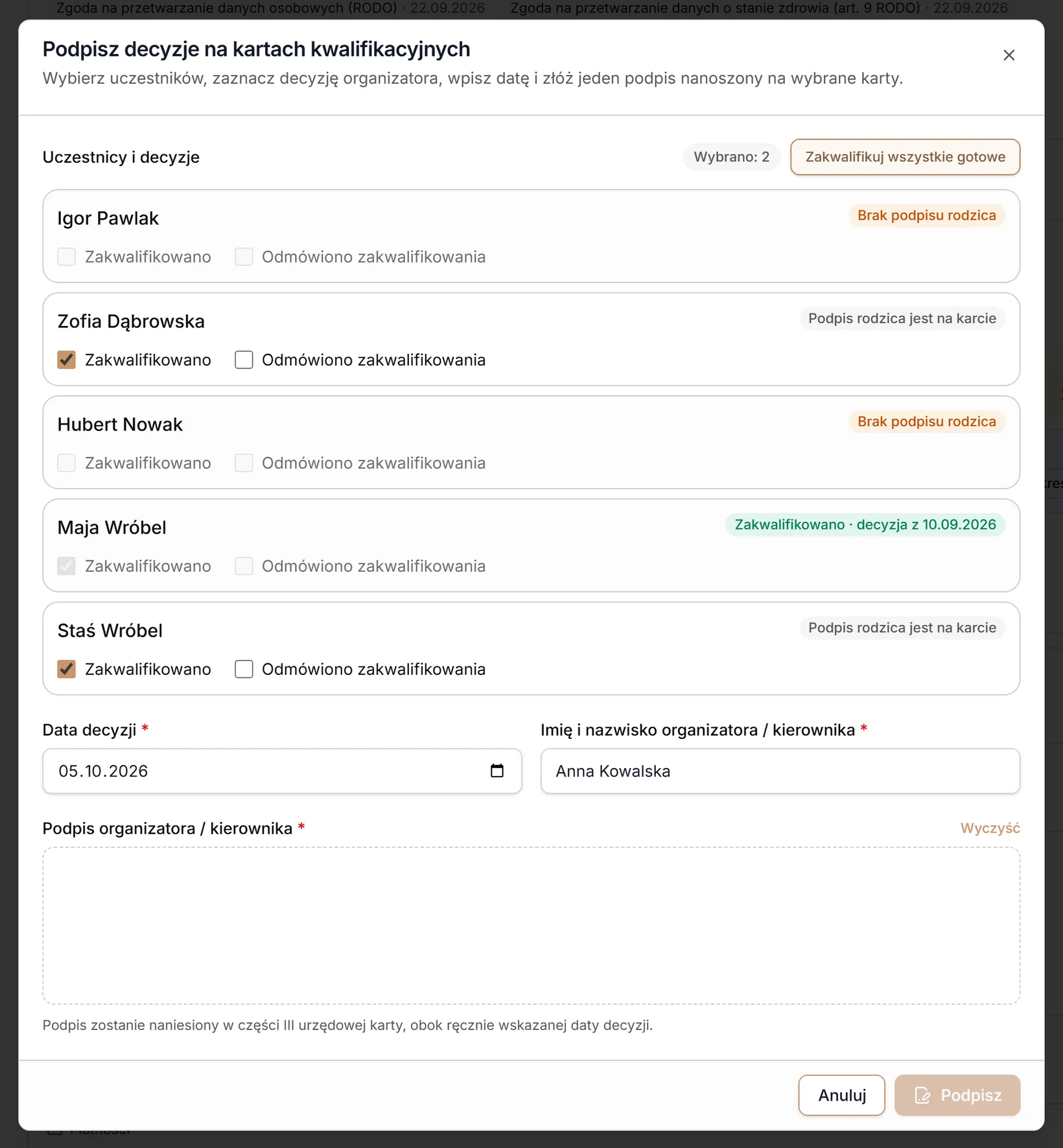 Wszystkie gotowe karty zakwalifikowane