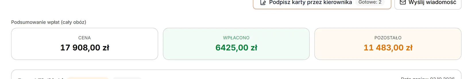 Podsumowanie wpłat całego obozu