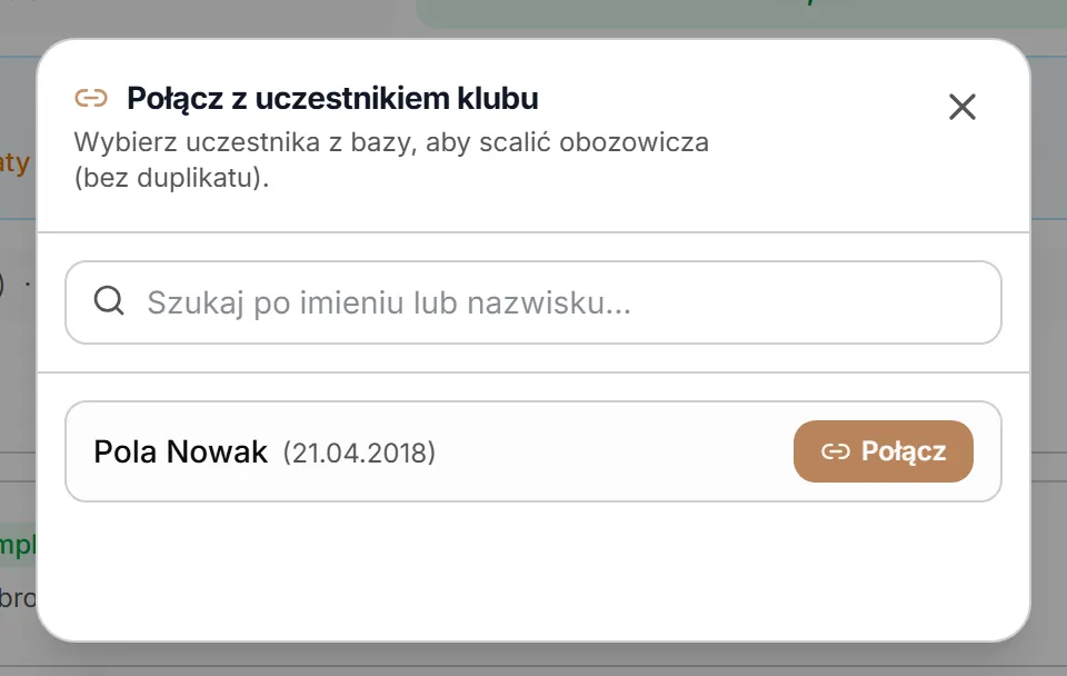 Okno „Połącz z uczestnikiem klubu” z wynikiem wyszukiwania