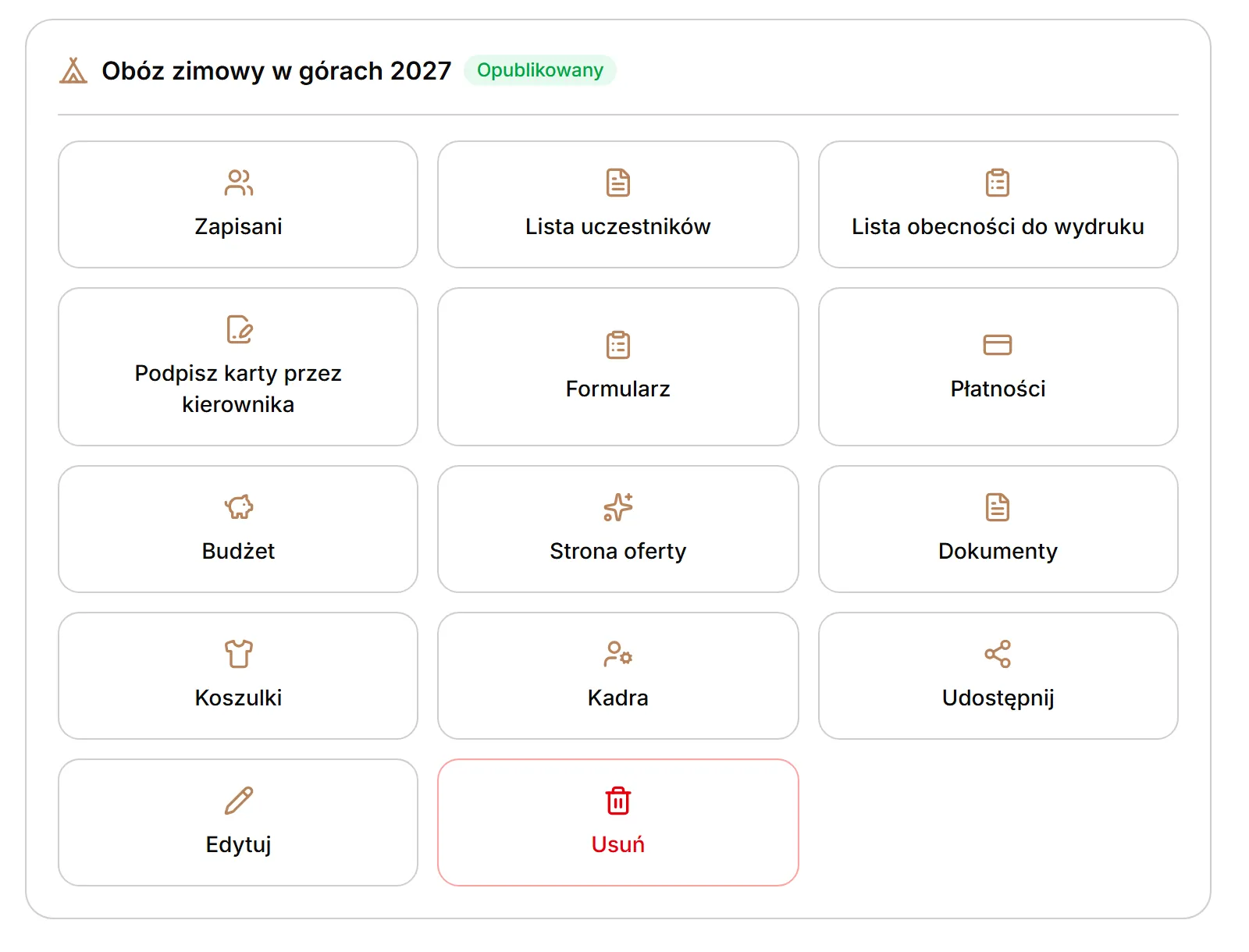 Nagłówek panelu i kafelki akcji zaznaczonego obozu
