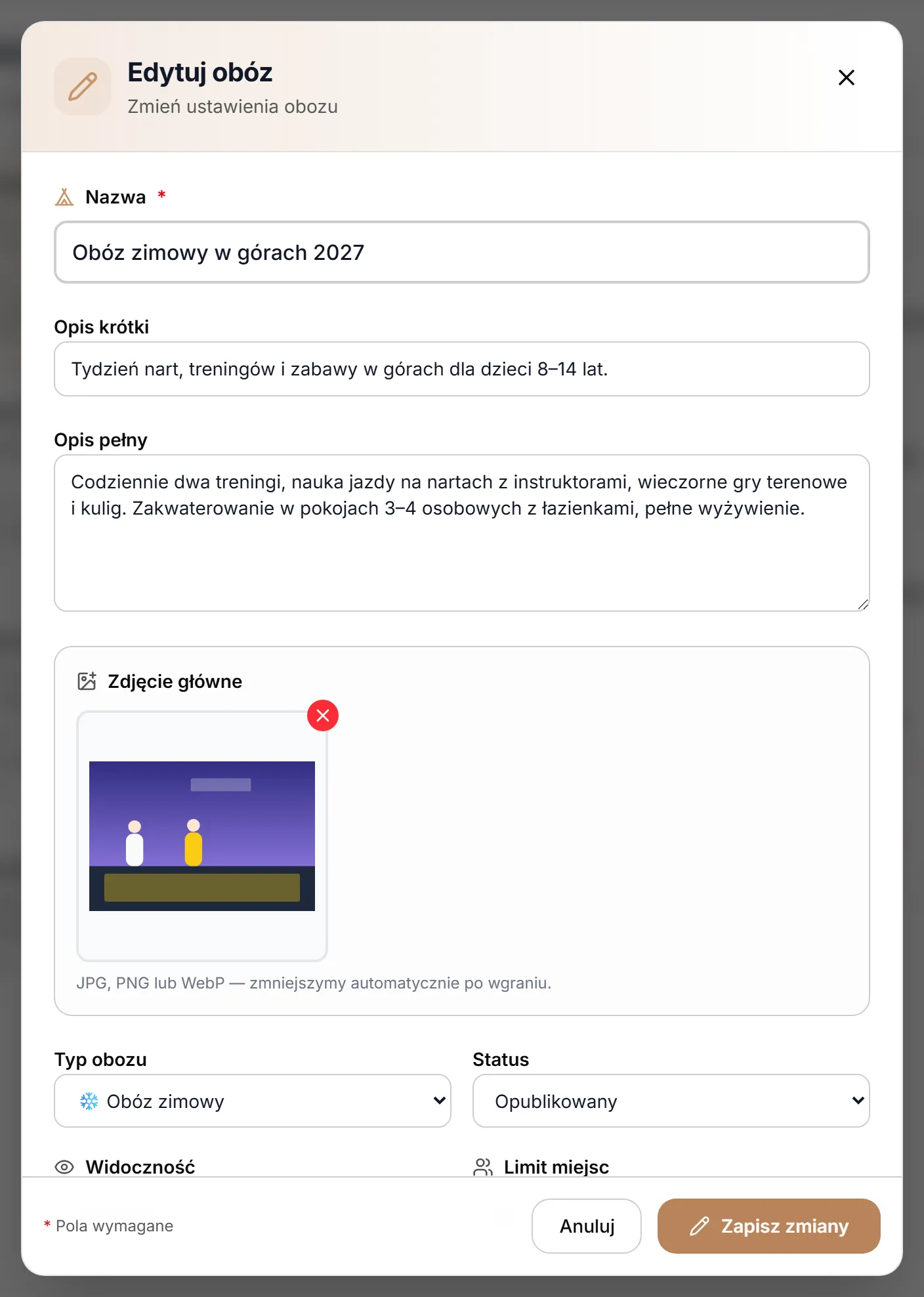 Okno „Edytuj obóz”