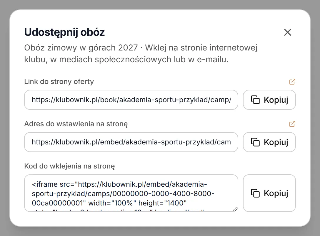 Okno „Udostępnij obóz”