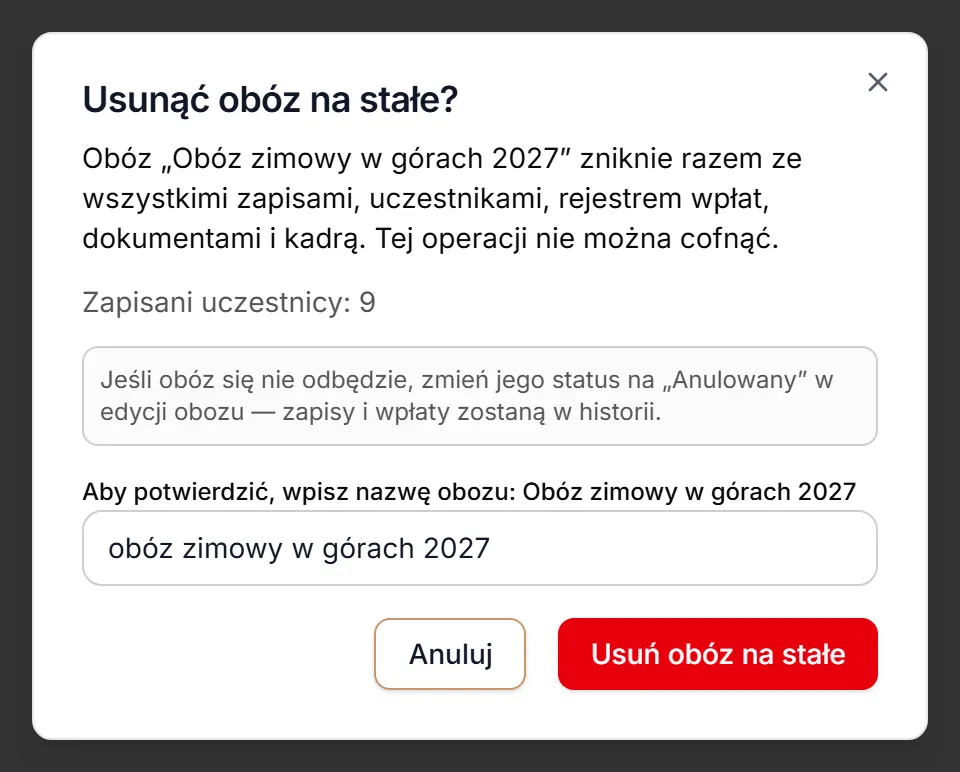 Nazwa wpisana — przycisk usunięcia aktywny