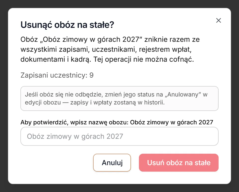 Okno usuwania obozu