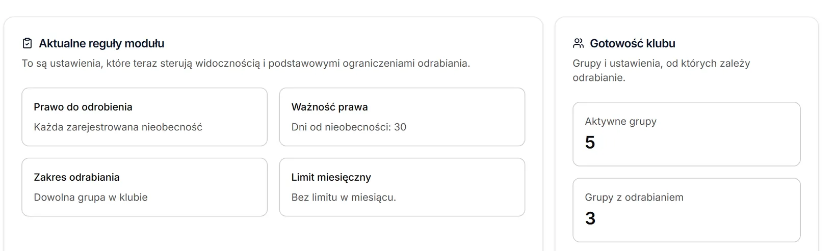 Reguły: każda nieobecność, dowolna grupa, bez limitu