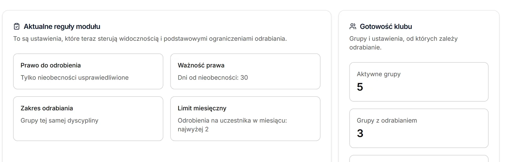 Aktualne reguły modułu — ustawienia domyślne klubu