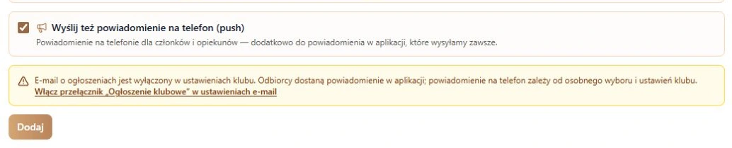 Wyłączony e-mail oraz osobny wybór powiadomienia na telefon — rzeczywisty formularz, dane fikcyjne