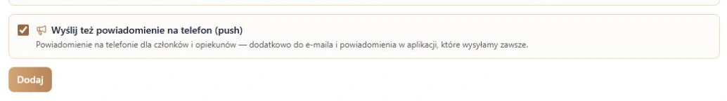 Ogłoszenia — dodatkowy wybór powiadomienia na telefon przed Dodaj; rzeczywisty formularz z fikcyjnym szkicem, bez prawdziwych wysyłek