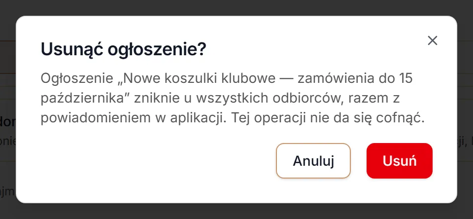 Okno potwierdzenia usunięcia