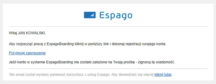 E-mail z zaproszeniem do EspagoBoarding
