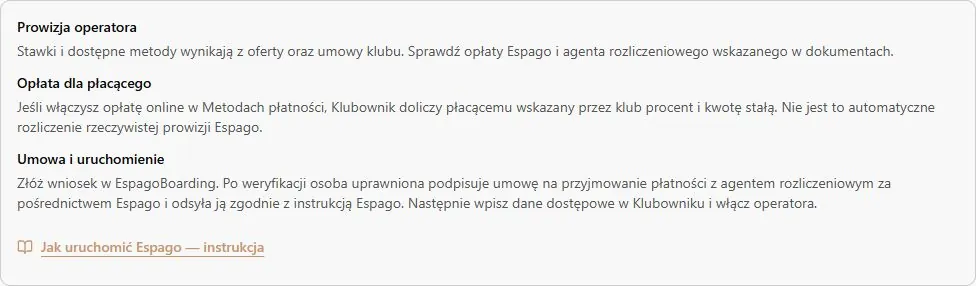 Opis prowizji, umowy i link do instrukcji Espago w karcie operatora