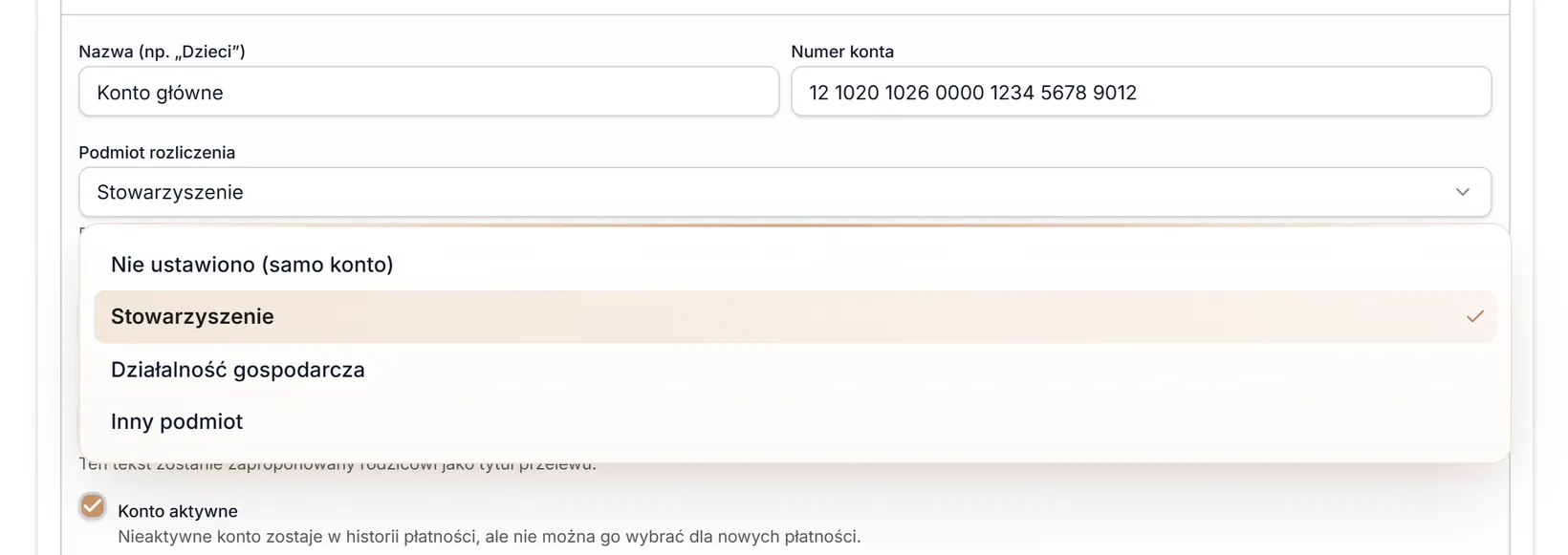 Podmiot rozliczenia — lista wartości