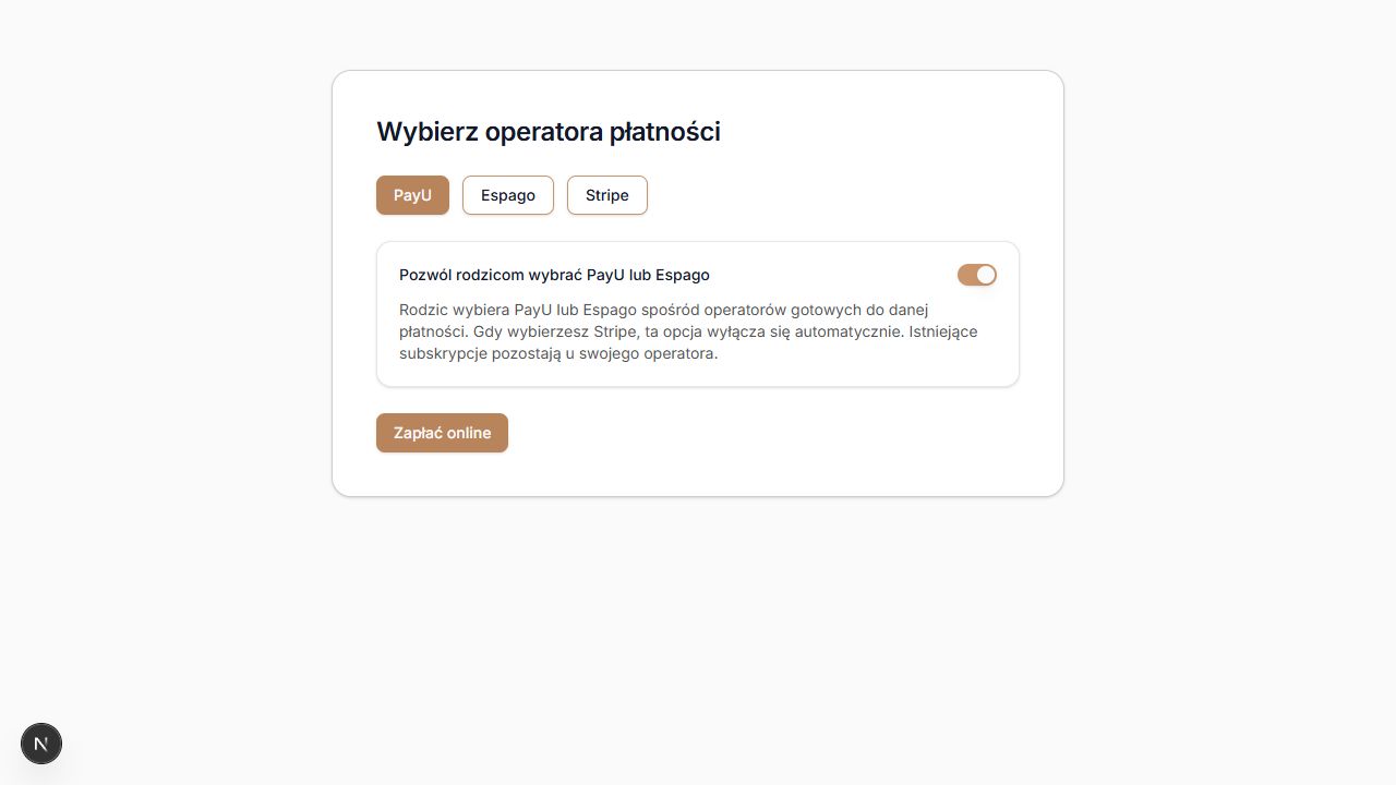 Ustawienie wyboru PayU lub Espago — rzeczywisty komponent, dane demonstracyjne