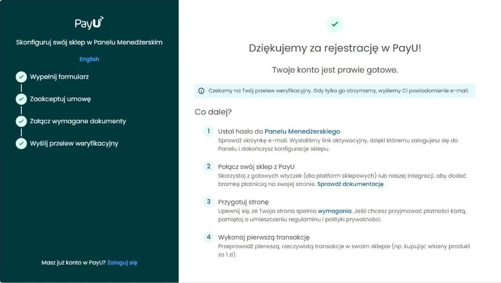 Rejestracja w PayU po przelewie weryfikacyjnym